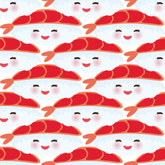 Seamless pattern japanese Kawaii funny Ebi sushi with pink cheeks and big eyes, emoji. white background. Vector
