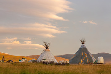 Two chums in the tundra in the summer sunrise, Yamal, Russia © Igor Dmitriev