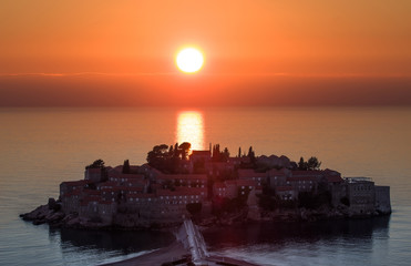 Sveti Stefan island in Budva in sunset, Montenegro