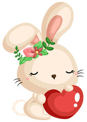 a cute bunny holding a heart while wearing a flower wreath