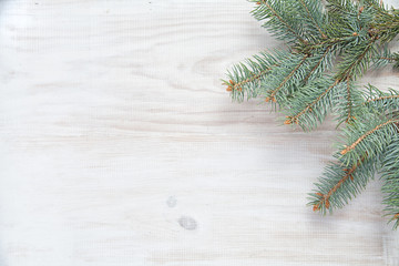 Christmas tree branch on a white wooden background