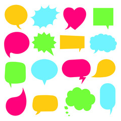 16 Speech bubbles flat style design another shapes without texts hand drawn comic cartoon style set vector illustration isolated on white background. Round, cloud, square, heart, rectangle shapes etc.
