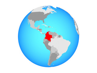 Colombia on blue political globe. 3D illustration isolated on white background.