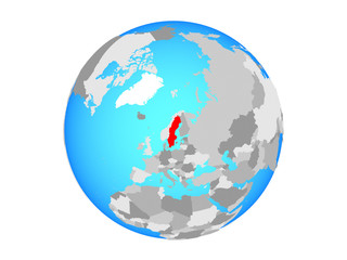 Sweden on blue political globe. 3D illustration isolated on white background.