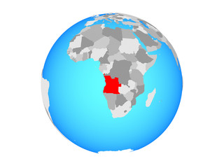 Angola on blue political globe. 3D illustration isolated on white background.