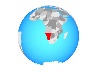Namibia on blue political globe. 3D illustration isolated on white background.
