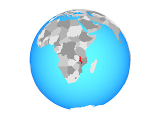 Malawi on blue political globe. 3D illustration isolated on white background.