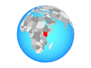 Kenya on blue political globe. 3D illustration isolated on white background.