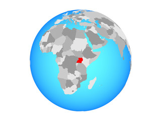 Uganda on blue political globe. 3D illustration isolated on white background.