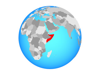 Somalia on blue political globe. 3D illustration isolated on white background.
