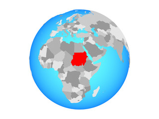 Sudan on blue political globe. 3D illustration isolated on white background.