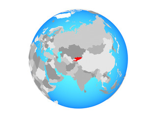 Kyrgyzstan on blue political globe. 3D illustration isolated on white background.
