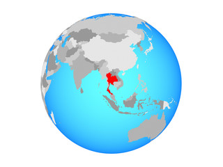 Thailand on blue political globe. 3D illustration isolated on white background.