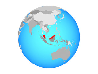 Malaysia on blue political globe. 3D illustration isolated on white background.
