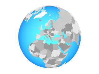 Montenegro on blue political globe. 3D illustration isolated on white background.