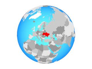 Ukraine on blue political globe. 3D illustration isolated on white background.