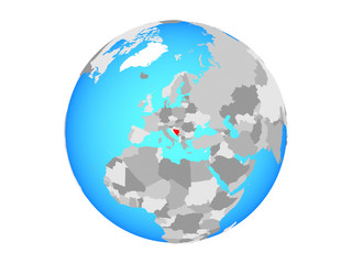 Bosnia and Herzegovina on blue political globe. 3D illustration isolated on white background.