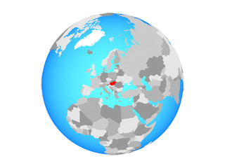 Hungary on blue political globe. 3D illustration isolated on white background.