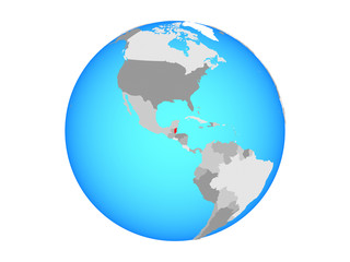 Belize on blue political globe. 3D illustration isolated on white background.