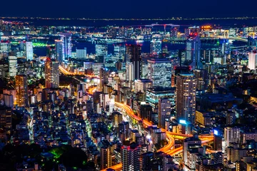 Papier Peint photo Lavable Tokyo tour de tokyo et toits de la ville sous la nuit bleue