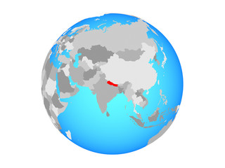 Nepal on blue political globe. 3D illustration isolated on white background.