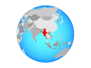 Myanmar on blue political globe. 3D illustration isolated on white background.