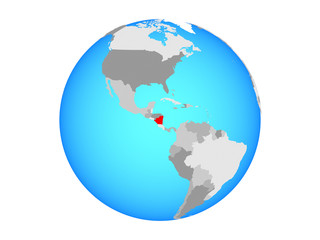 Nicaragua on blue political globe. 3D illustration isolated on white background.