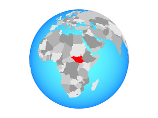 South Sudan on blue political globe. 3D illustration isolated on white background.