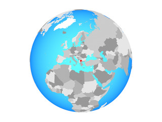 Macedonia on blue political globe. 3D illustration isolated on white background.
