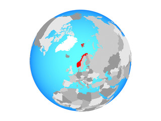 Norway on blue political globe. 3D illustration isolated on white background.
