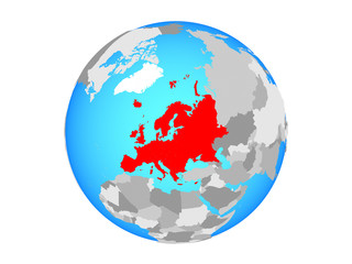 Europe on blue political globe. 3D illustration isolated on white background.