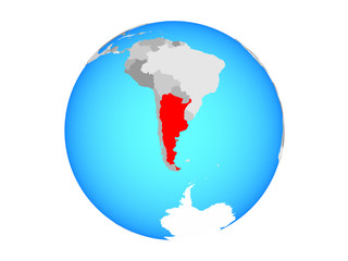 Argentina on blue political globe. 3D illustration isolated on white background.