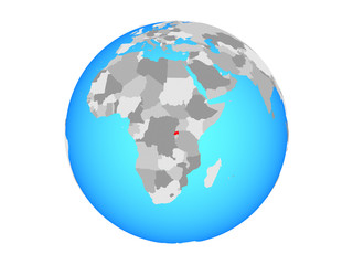 Rwanda on blue political globe. 3D illustration isolated on white background.