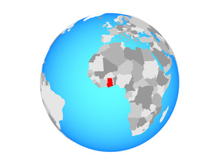 Ghana on blue political globe. 3D illustration isolated on white background.