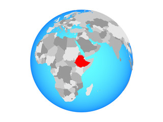 Ethiopia on blue political globe. 3D illustration isolated on white background.