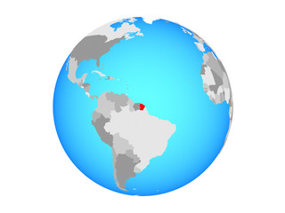 French Guiana on blue political globe. 3D illustration isolated on white background.