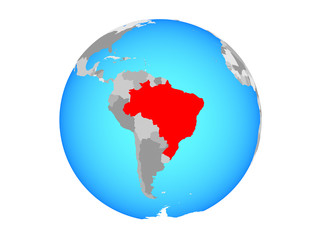 Brazil on blue political globe. 3D illustration isolated on white background.