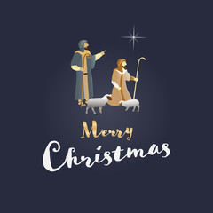 Christmas time. The shepherds in the fields with sheeps. Text : Merry Christmas