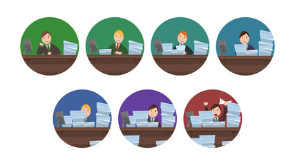 Set of circle images Workload workers in cartoon style. The object is separate from the background.  Vector element for articles, banners, icons and your design.