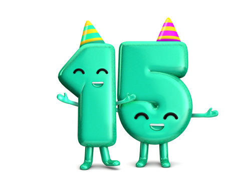 Happy 15th Birthday cute party character with hat. 3D Rendering
