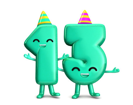 Happy 13th Birthday cute party character with hat. 3D Rendering