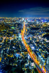 tokyo tower and city skyline under blue night