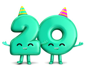Happy 20th Birthday cute party character with hat. 3D Rendering