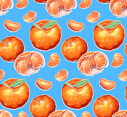 Seamless pattern of color cartoon illustrations of tangerine on blue background. Vector texture for wrapper, wallpaper, textile and your creativity.