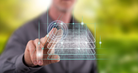 Man touching a blockchain technology concept