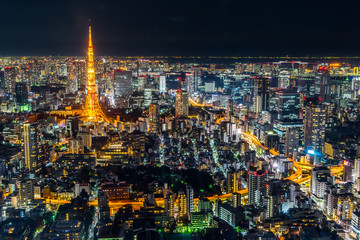 tokyo tower and city skyline under blue night