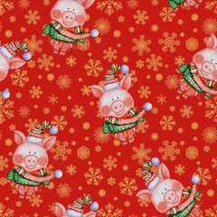 2019 Happy New Year and Christmas seamless pattern with watercolor funny pigs