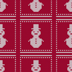 Knitted sweater with snowmen and snow. Seamless vector background. Christmas pattern. Can be used for wallpaper, textile, invitation card, wrapping, web page background.