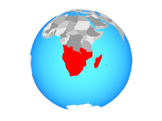 Southern Africa on blue political globe. 3D illustration isolated on white background.