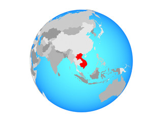 Indochina on blue political globe. 3D illustration isolated on white background.